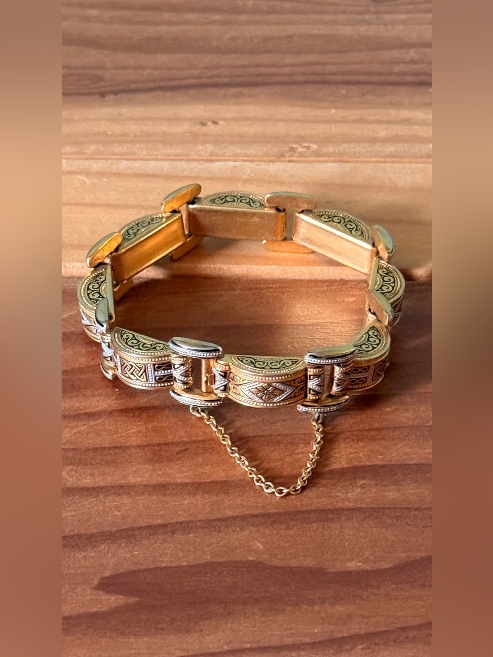 Vintage Damascene Style Mixed Metal Panel Link Bracelet Safety Chain 7.75”